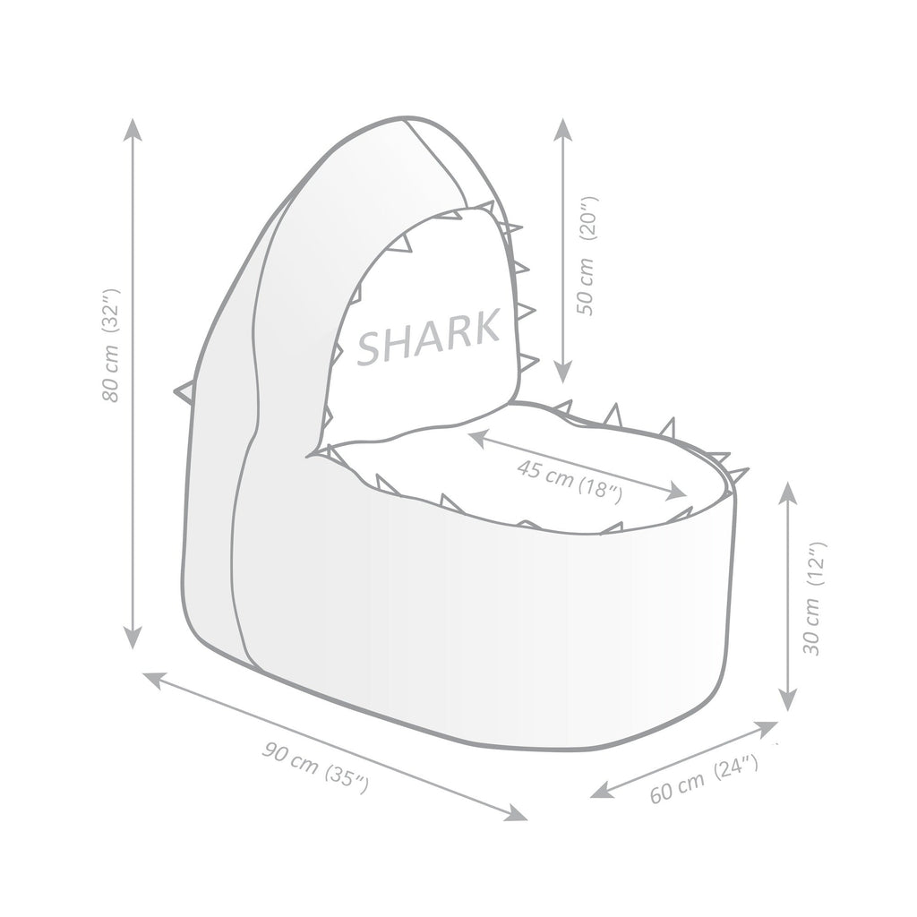 Measurement chart of a shark-shaped object with dimensions labeled.