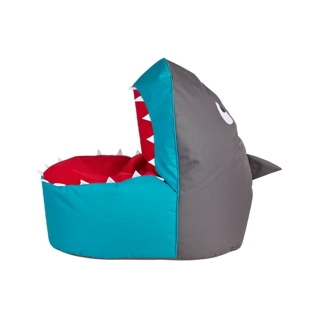 Shark-shaped bean bag chair with gray, blue, and red colors on a white background