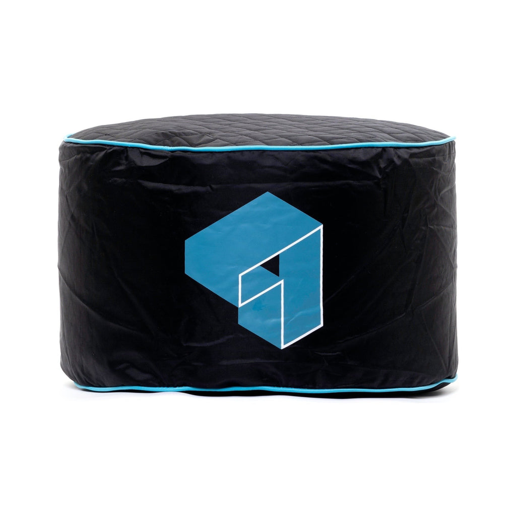 Black bean bag with blue logo on a white background