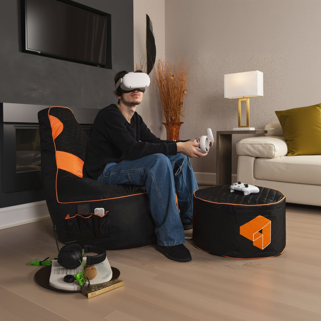 Person playing VR game in a modern living room with gaming chair and accessories.