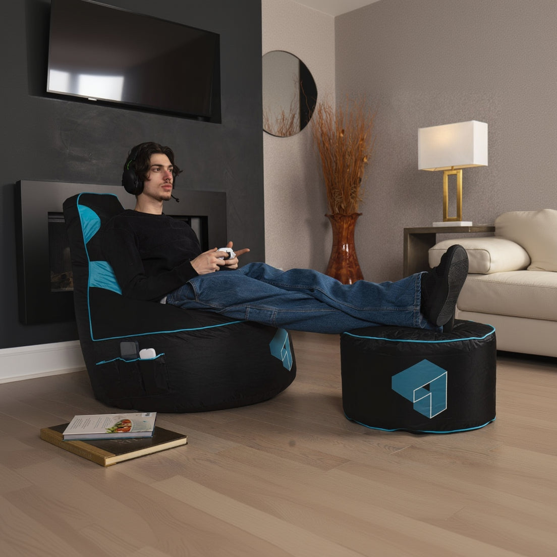 Person lounging on a bean bag chair in a modern living room.