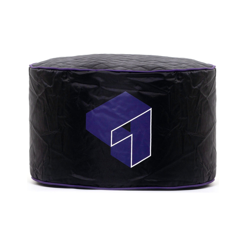Black bean bag with purple logo on a white background