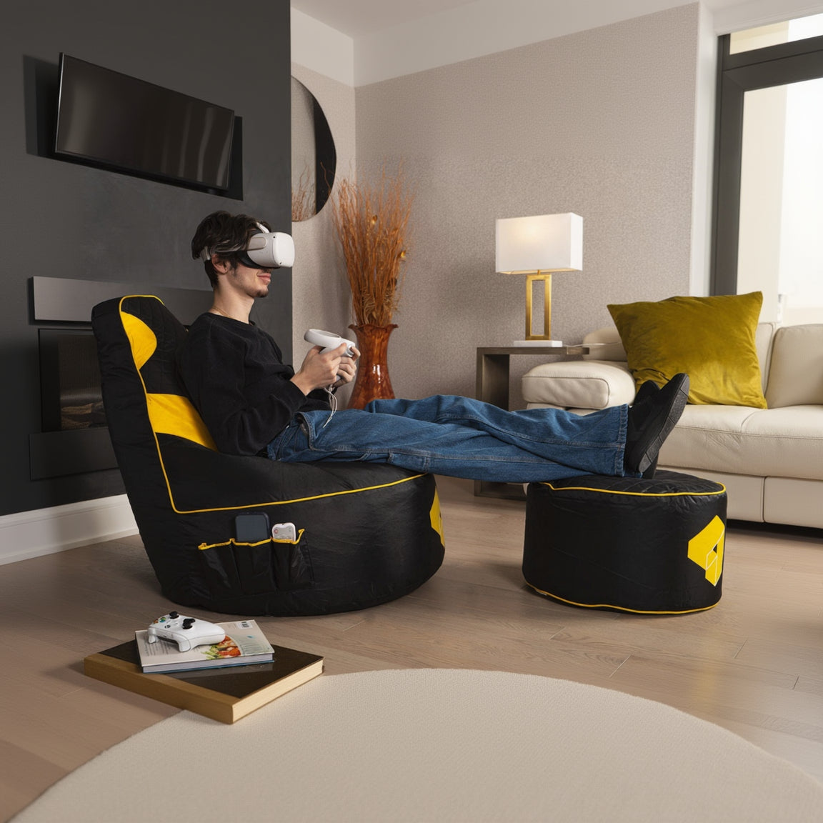 Person using VR goggles in a modern living room with gaming chair and console.