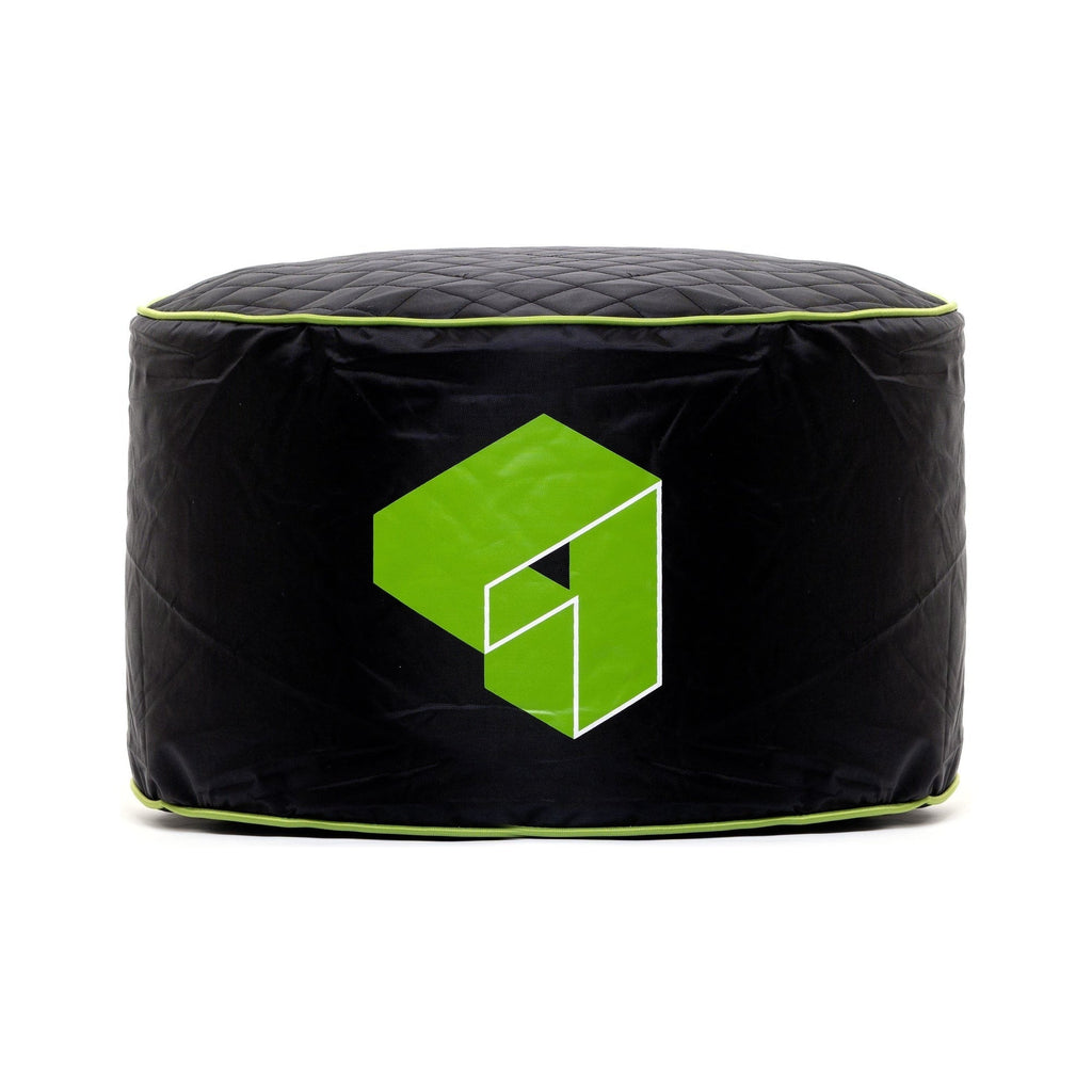 Black bean bag with green logo on a white background