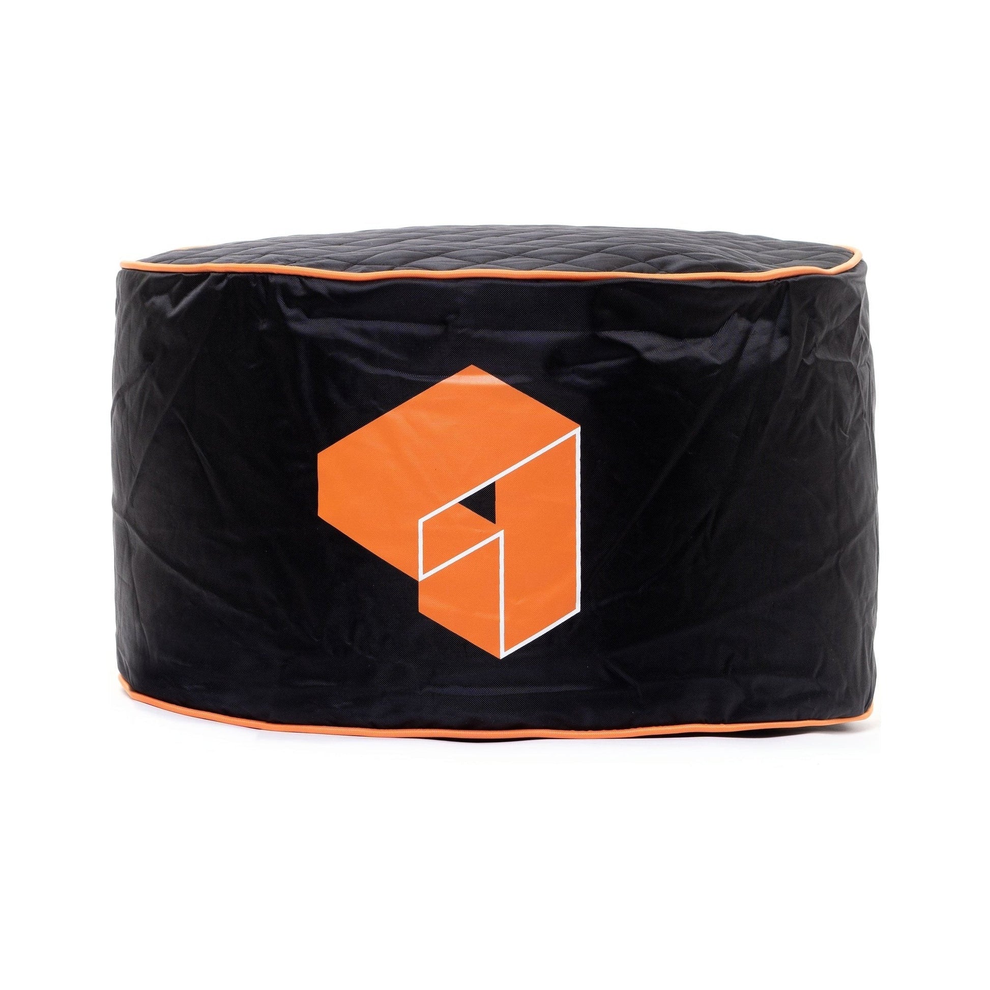 Black bean bag with orange logo on a white background