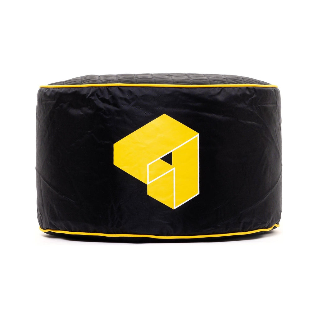 Black bean bag with yellow logo on a white background