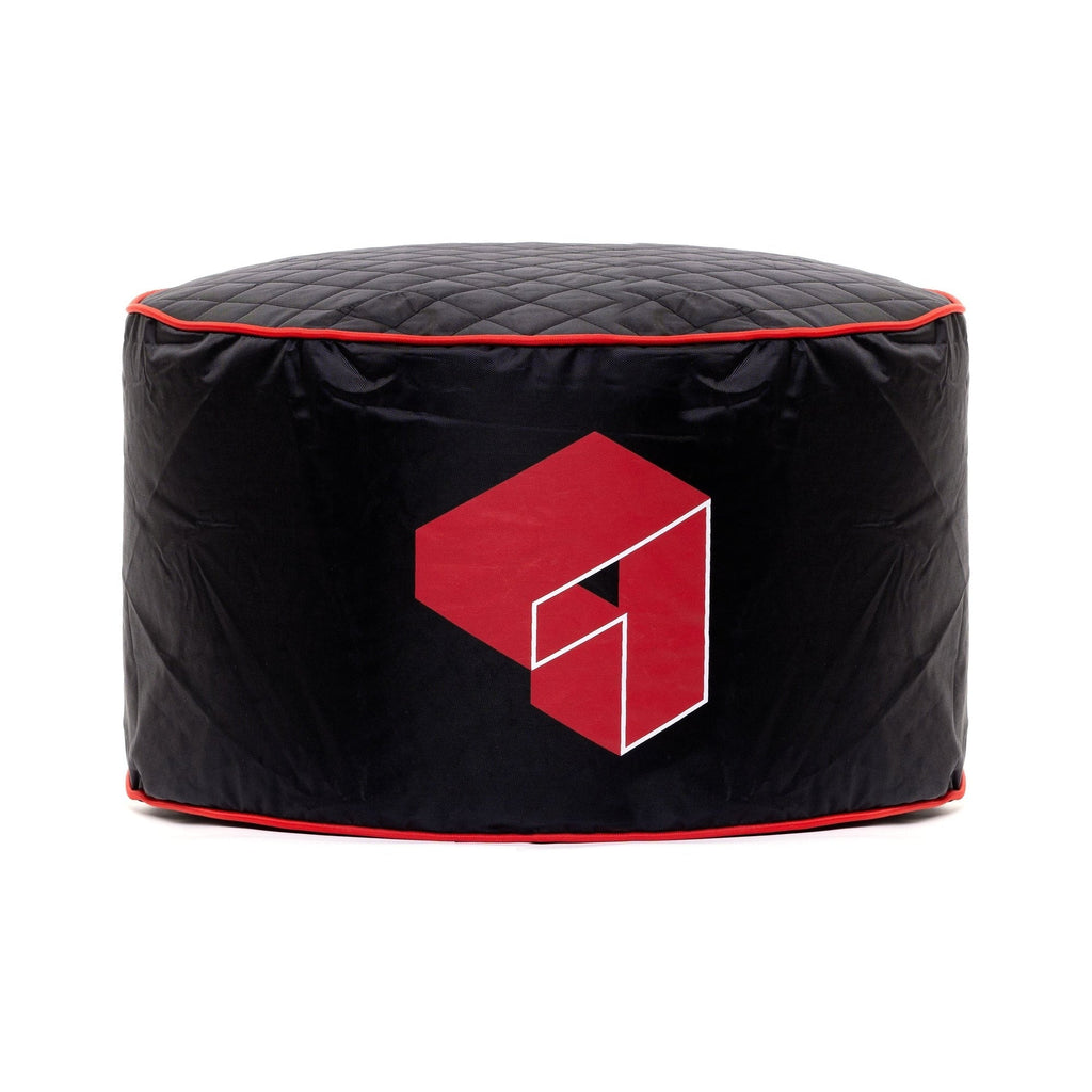 Black ottoman with a red geometric logo on a white background