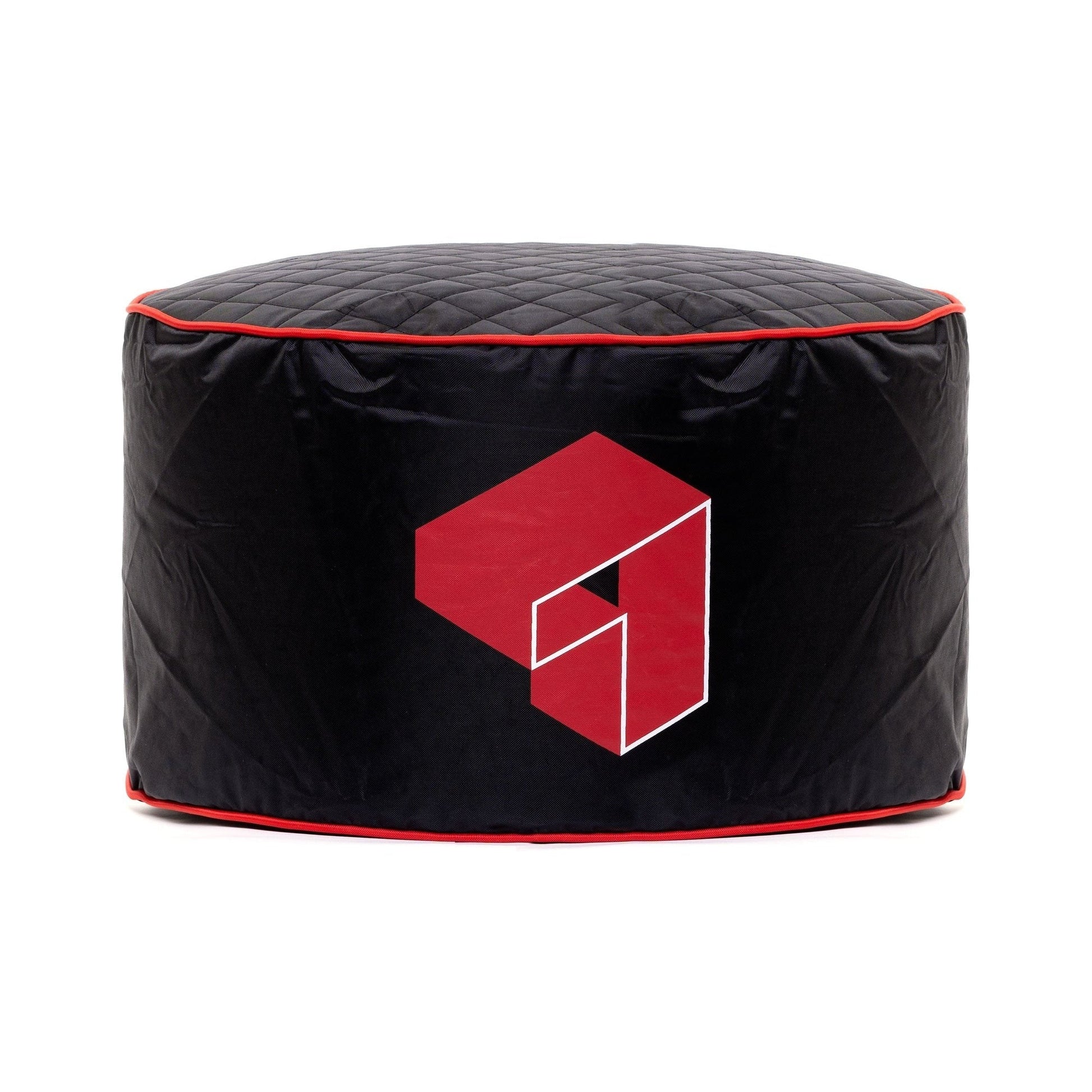 Black ottoman with a red geometric logo on a white background