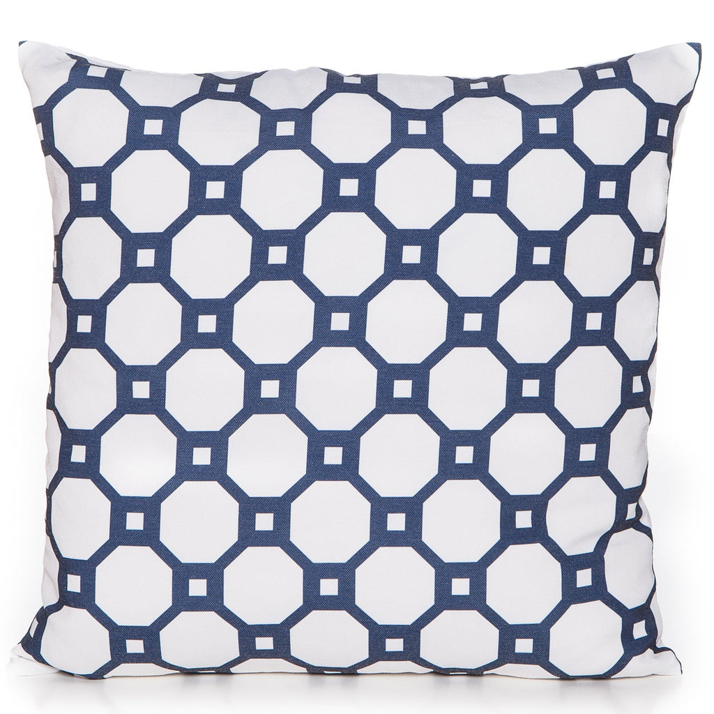 Decorative pillow with blue and white geometric pattern on a white background