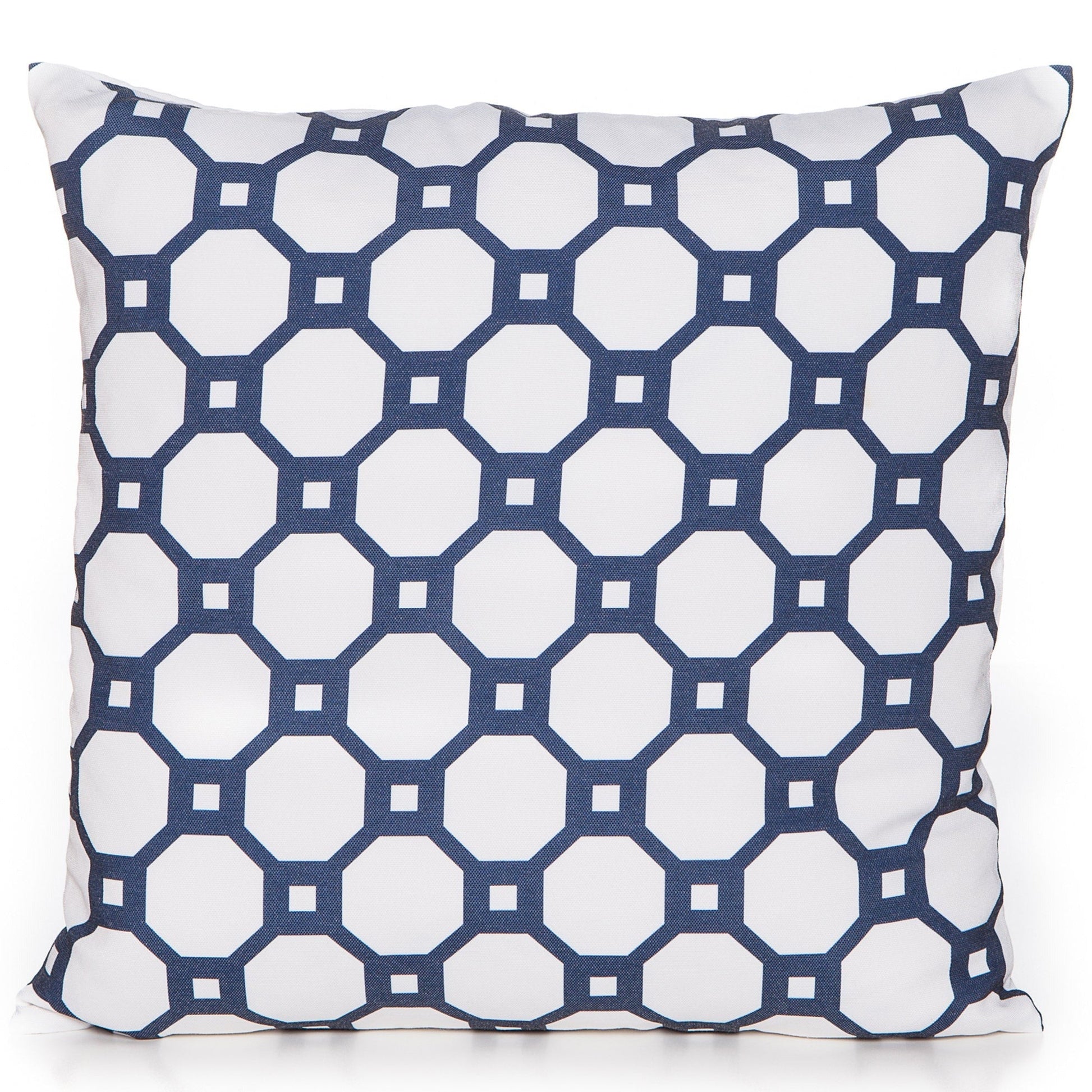 Decorative pillow with blue and white geometric pattern on a white background