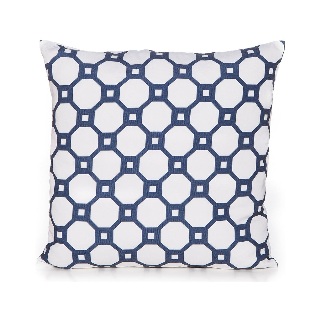 Decorative pillow with blue and white geometric pattern on a white background
