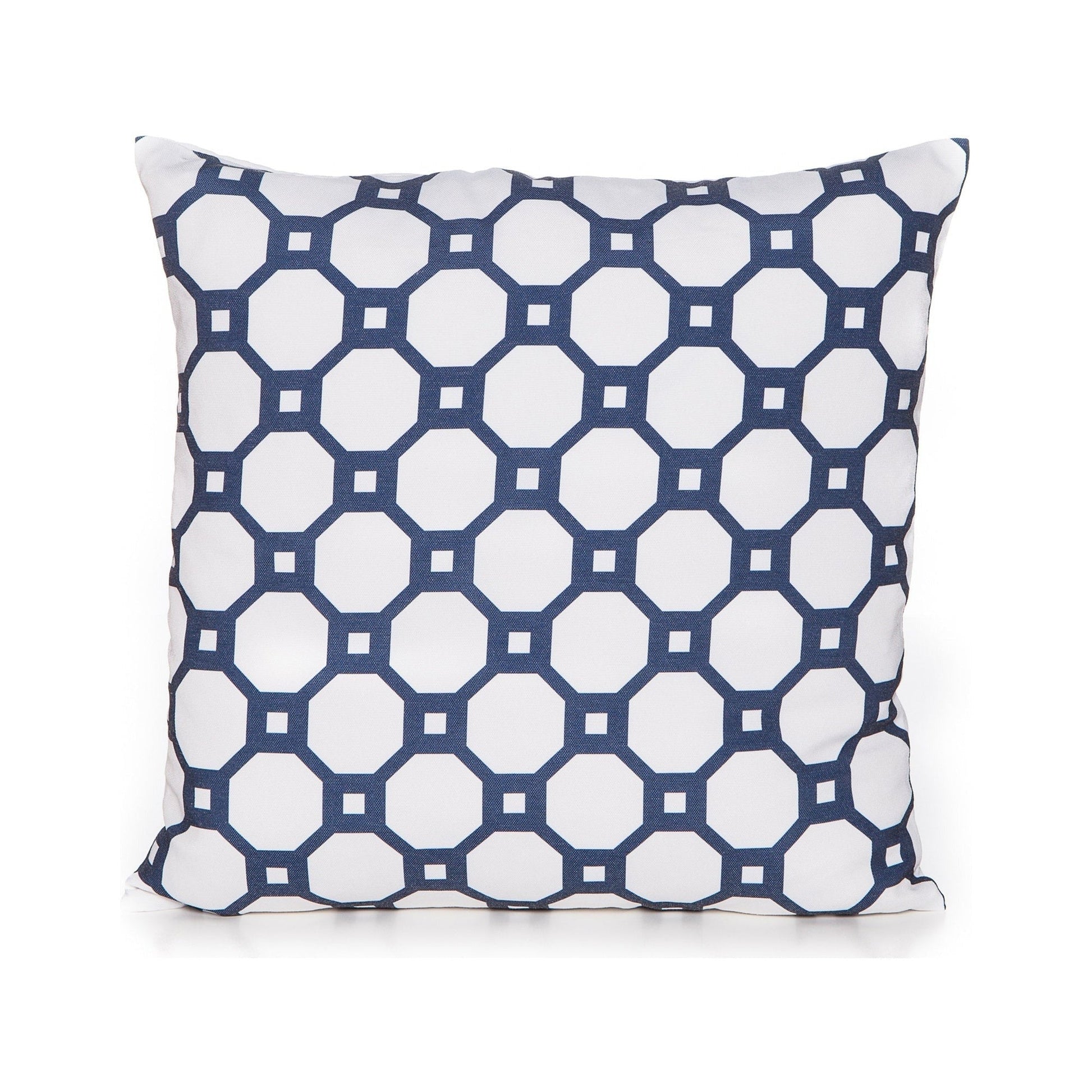 Decorative pillow with blue and white geometric pattern on a white background