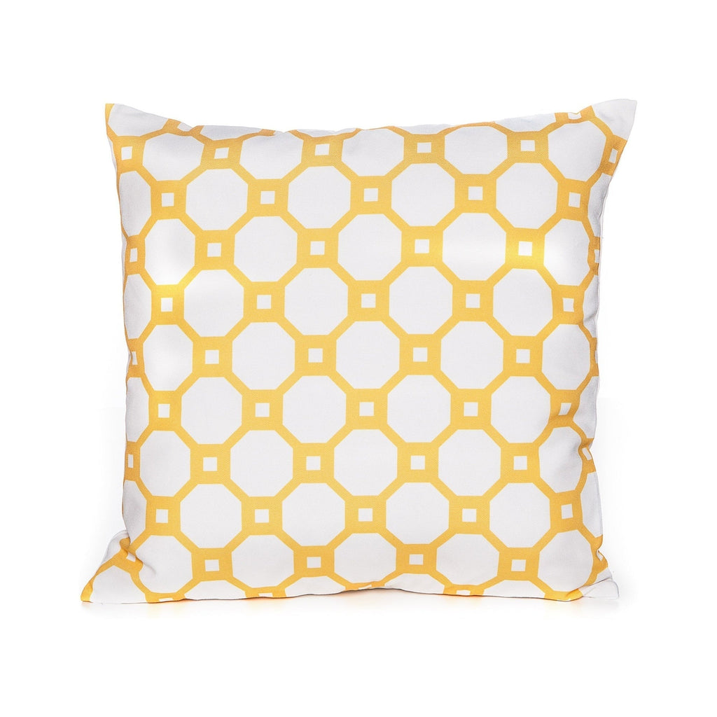 Decorative pillow with yellow and white geometric pattern on a white background