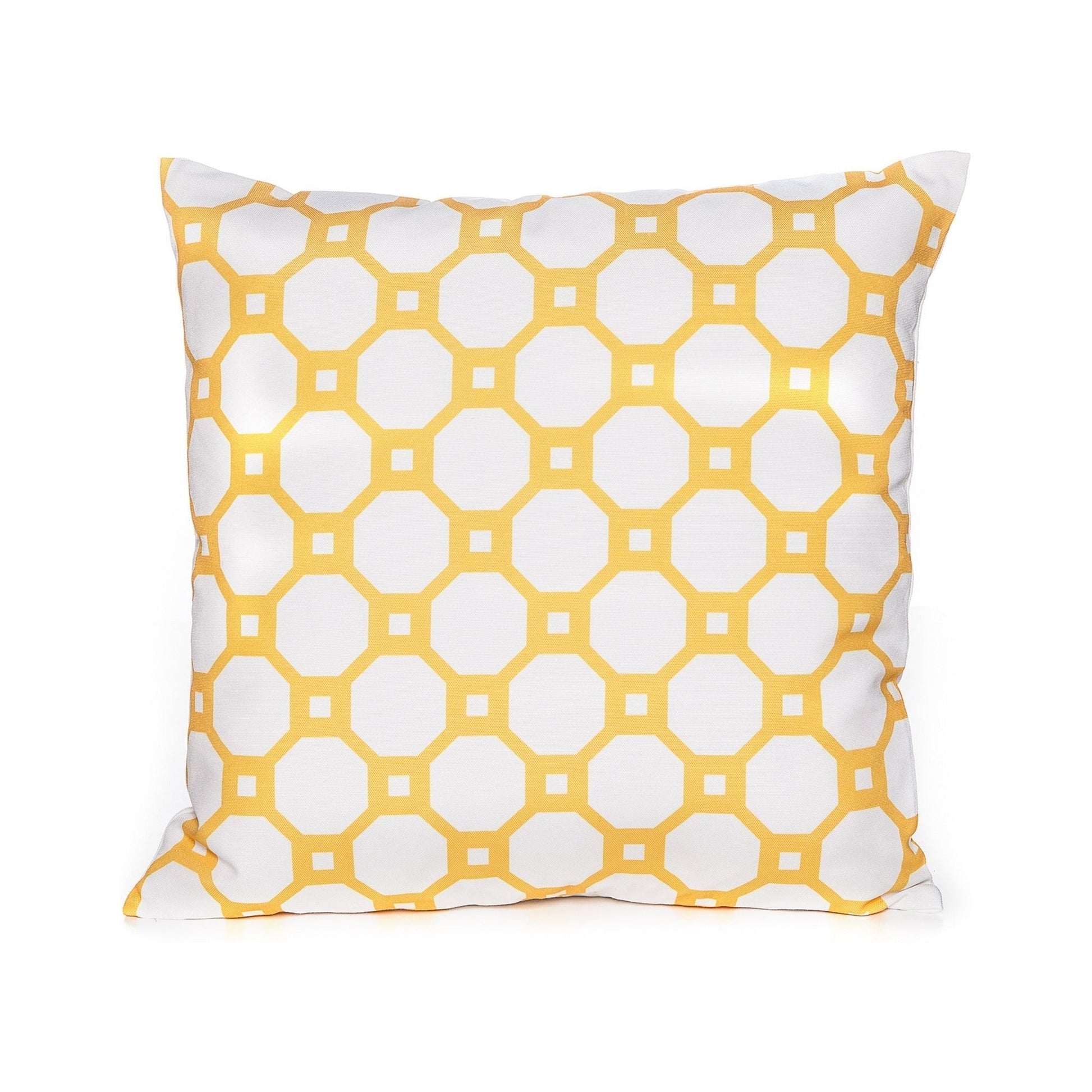 Decorative pillow with yellow and white geometric pattern on a white background