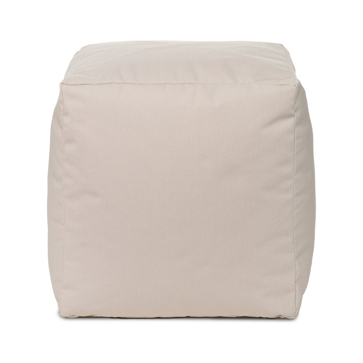 Beige cube-shaped ottoman on a white background