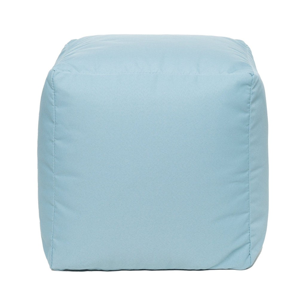 Light blue cube-shaped ottoman on a white background