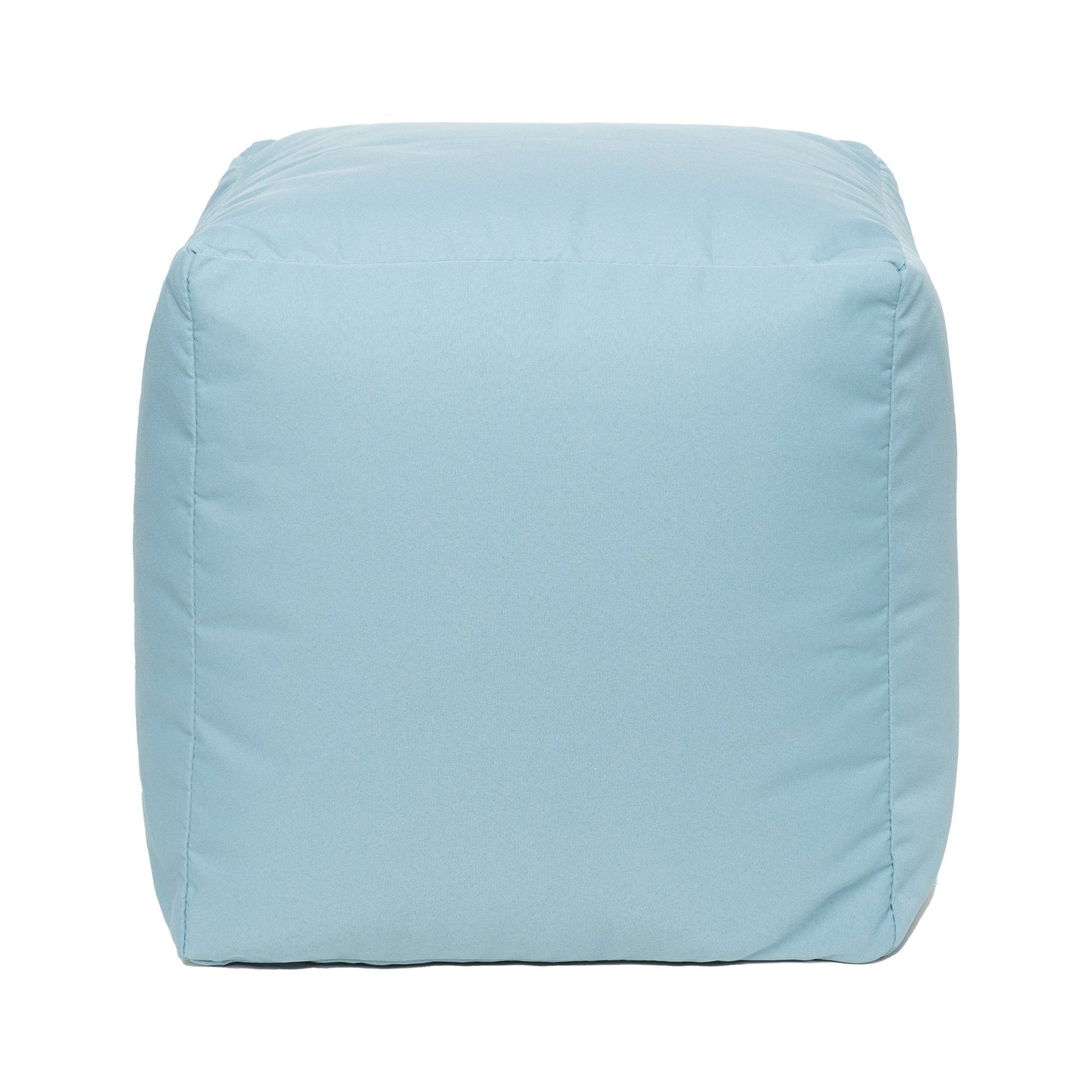 Light blue cube-shaped ottoman on a white background