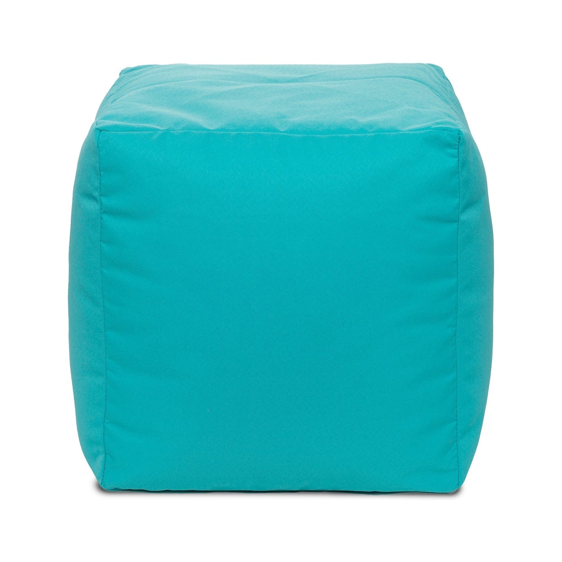 Turquoise cube-shaped bean bag chair on a white background