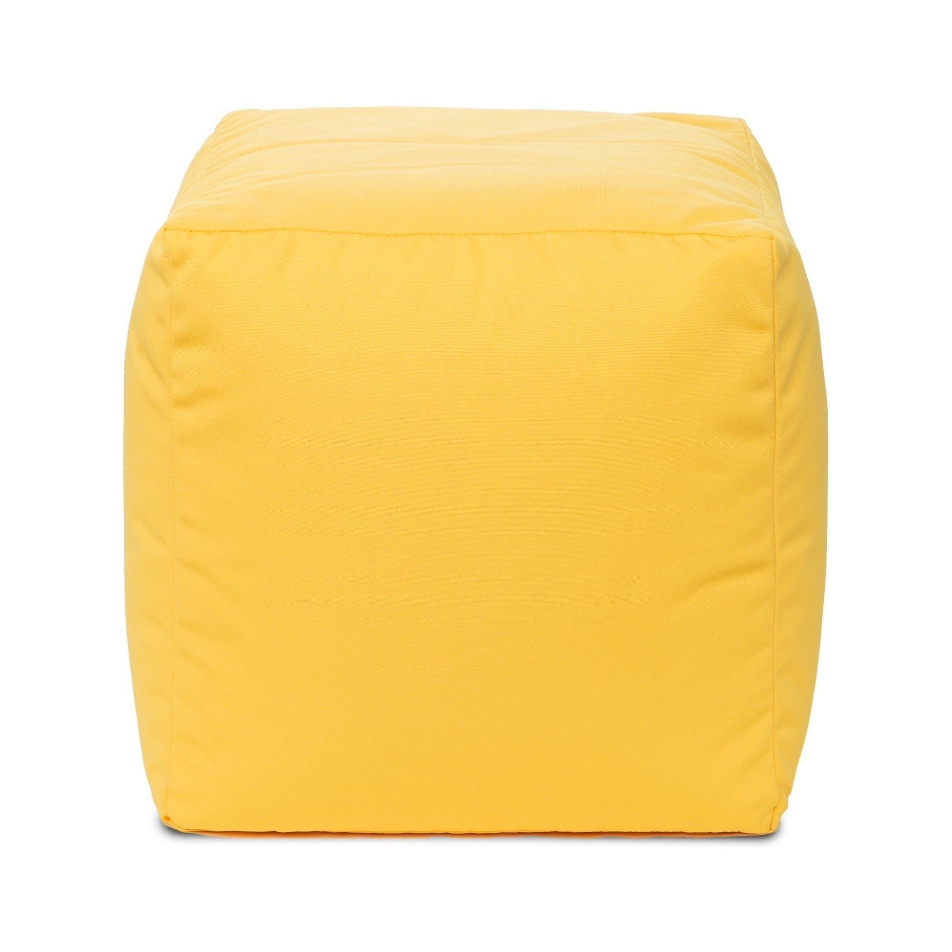 Yellow cube-shaped ottoman on a white background