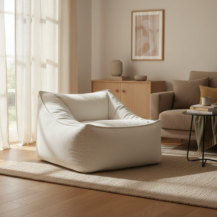 White bean bag chair in a modern living room with neutral tones.