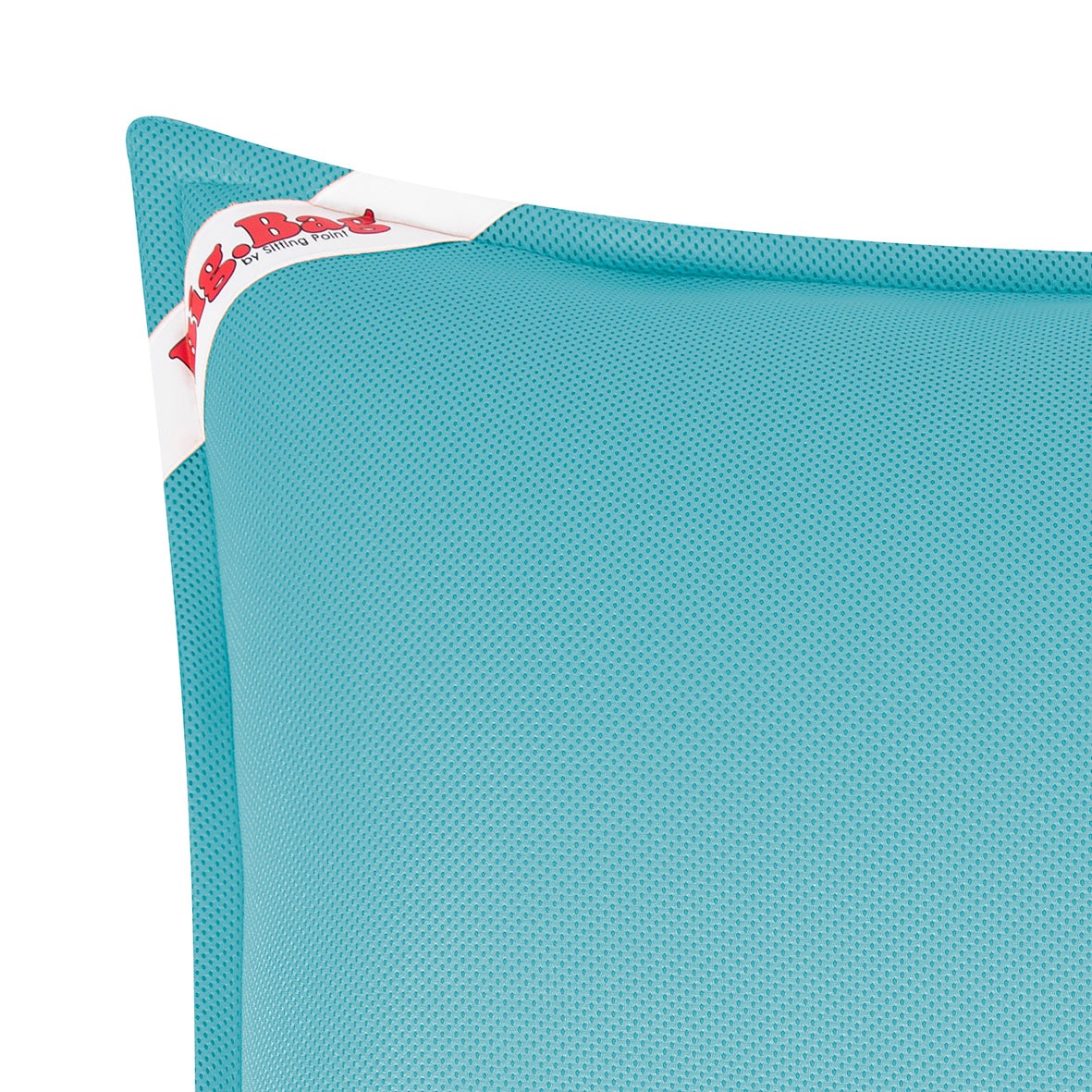 Teal textured product with a red and white logo on a white background
