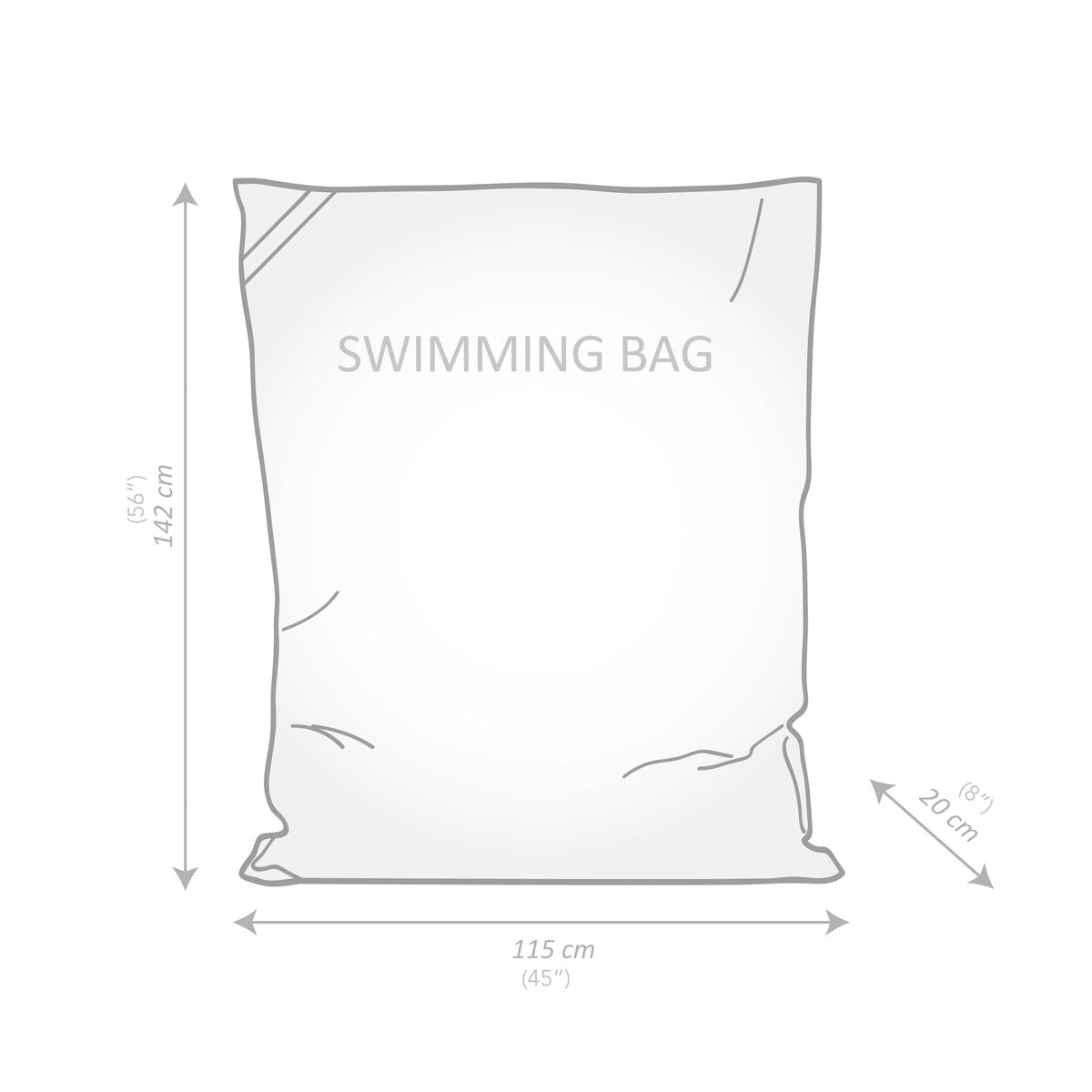 Measurement chart of a swimming bag with dimensions labeled.