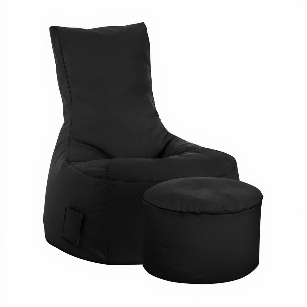 Black bean bag chair with ottoman on a white background