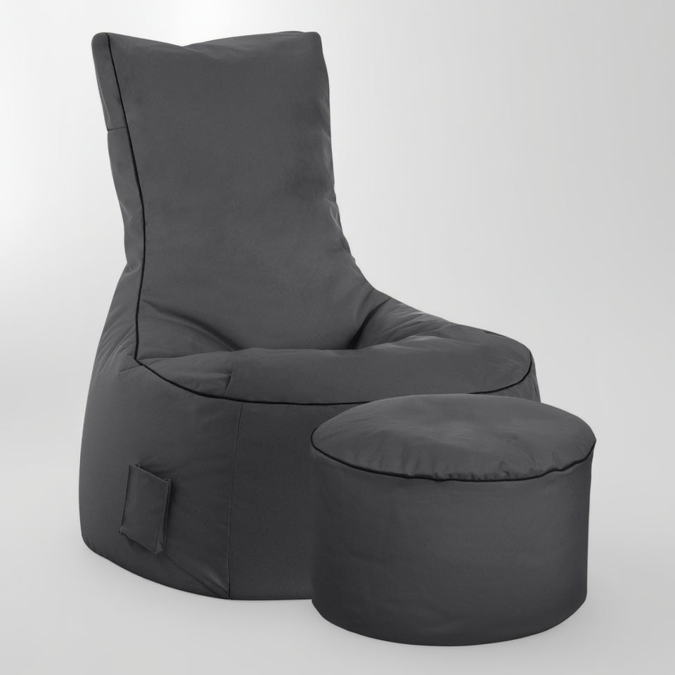 Gray bean bag chair with ottoman on a white background