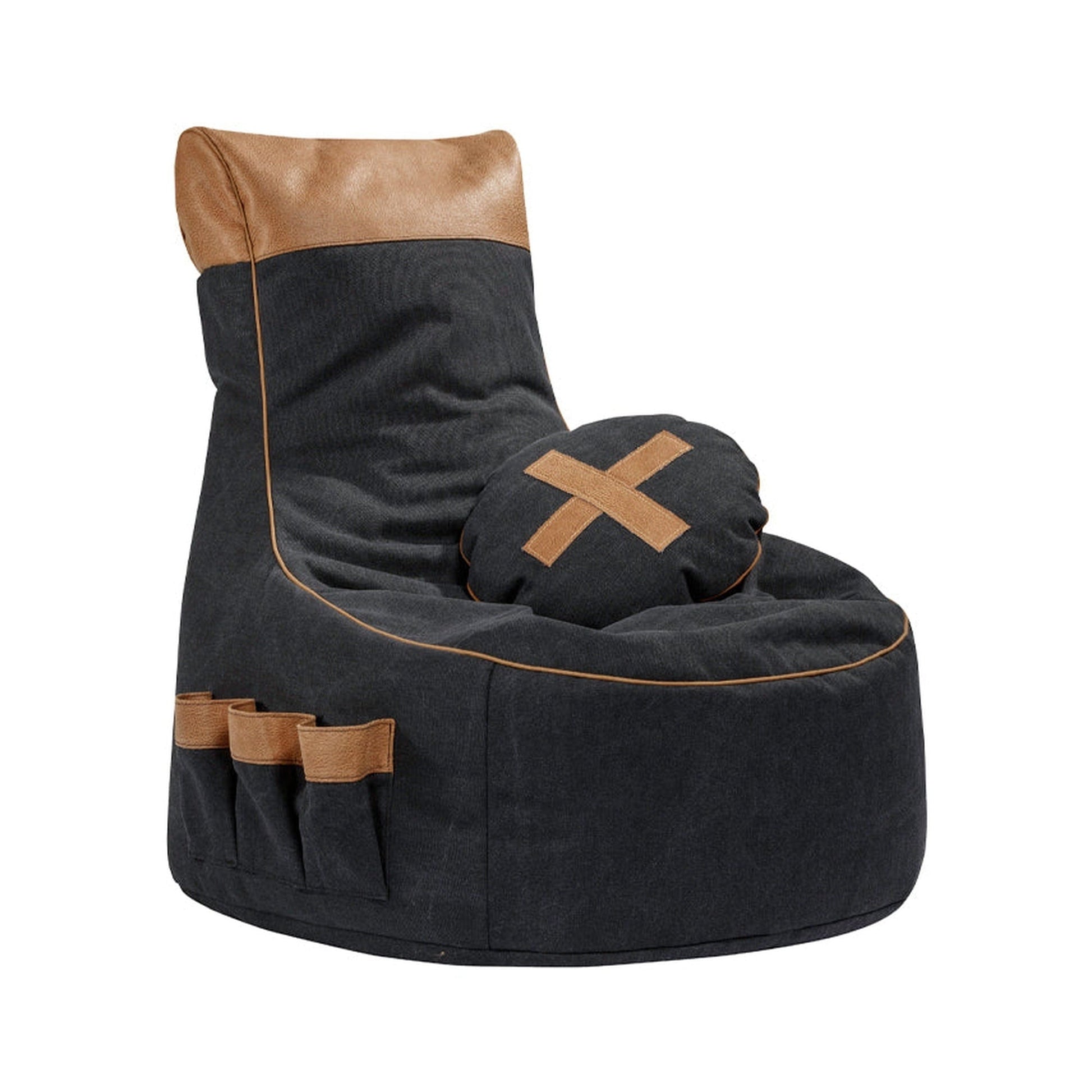 Black bean bag chair with brown accents on a white background