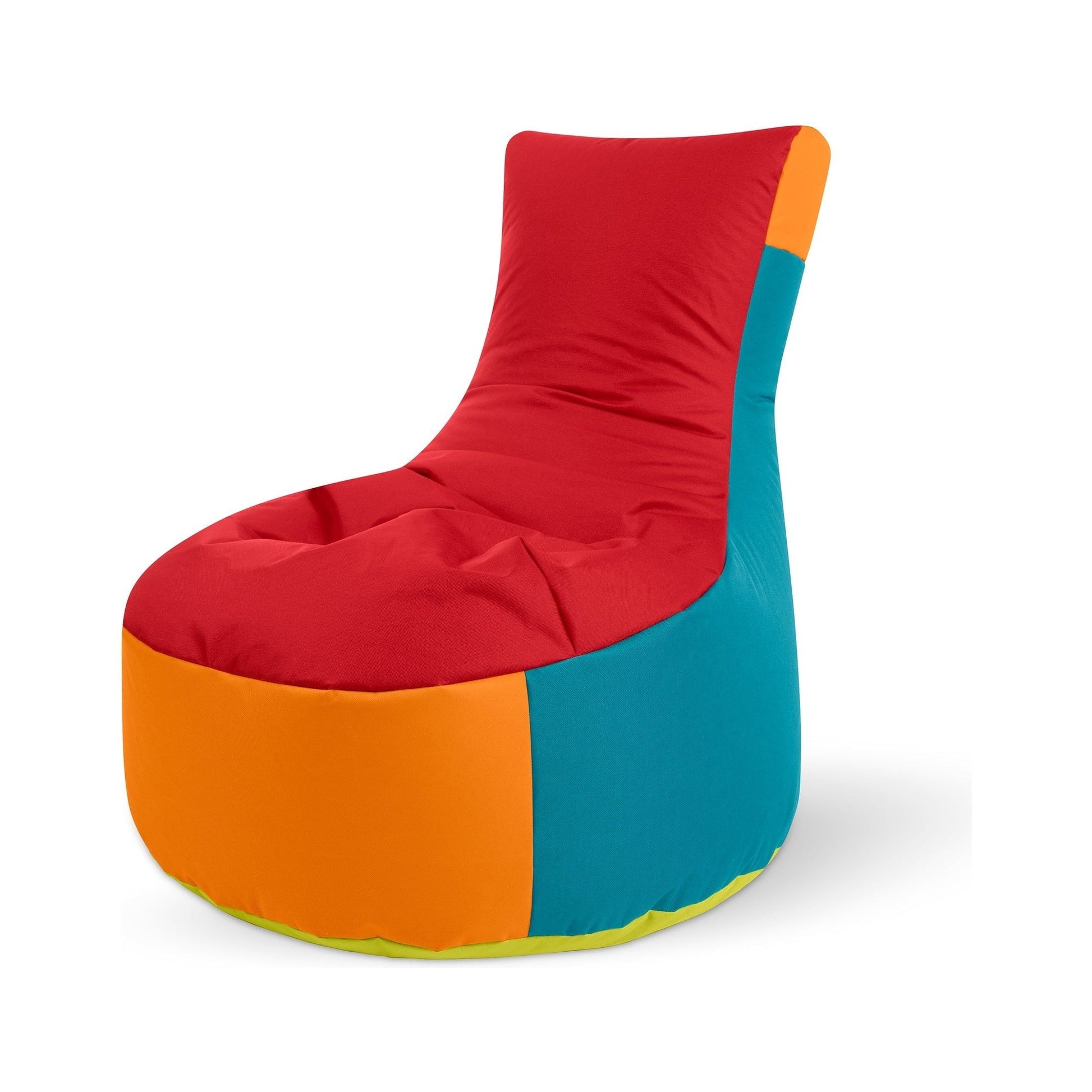 Colorful bean bag chair with red, orange, and blue sections on a white background