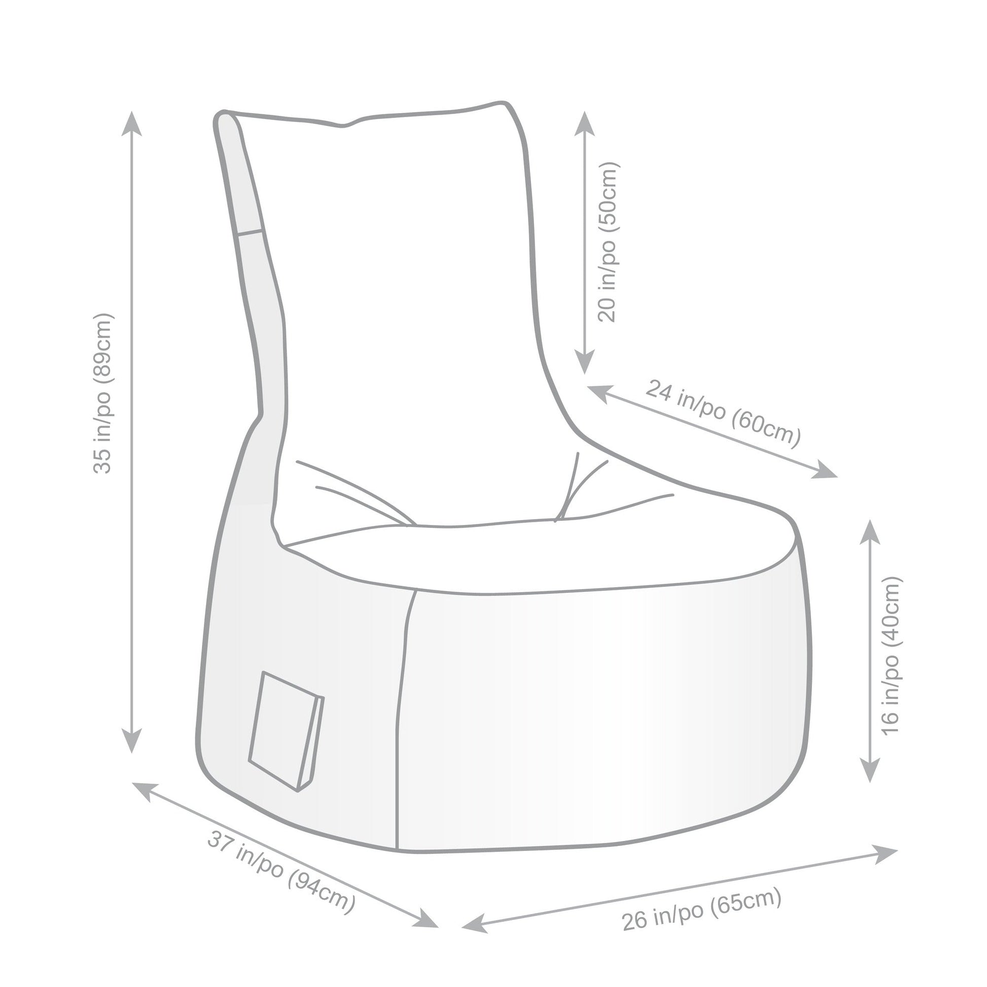 Measurement chart of a bean bag chair with dimensions labeled.