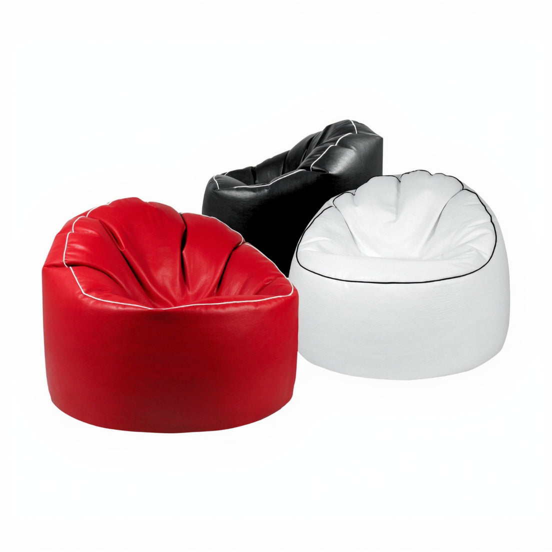 Three bean bags in red, black, and white on a white background