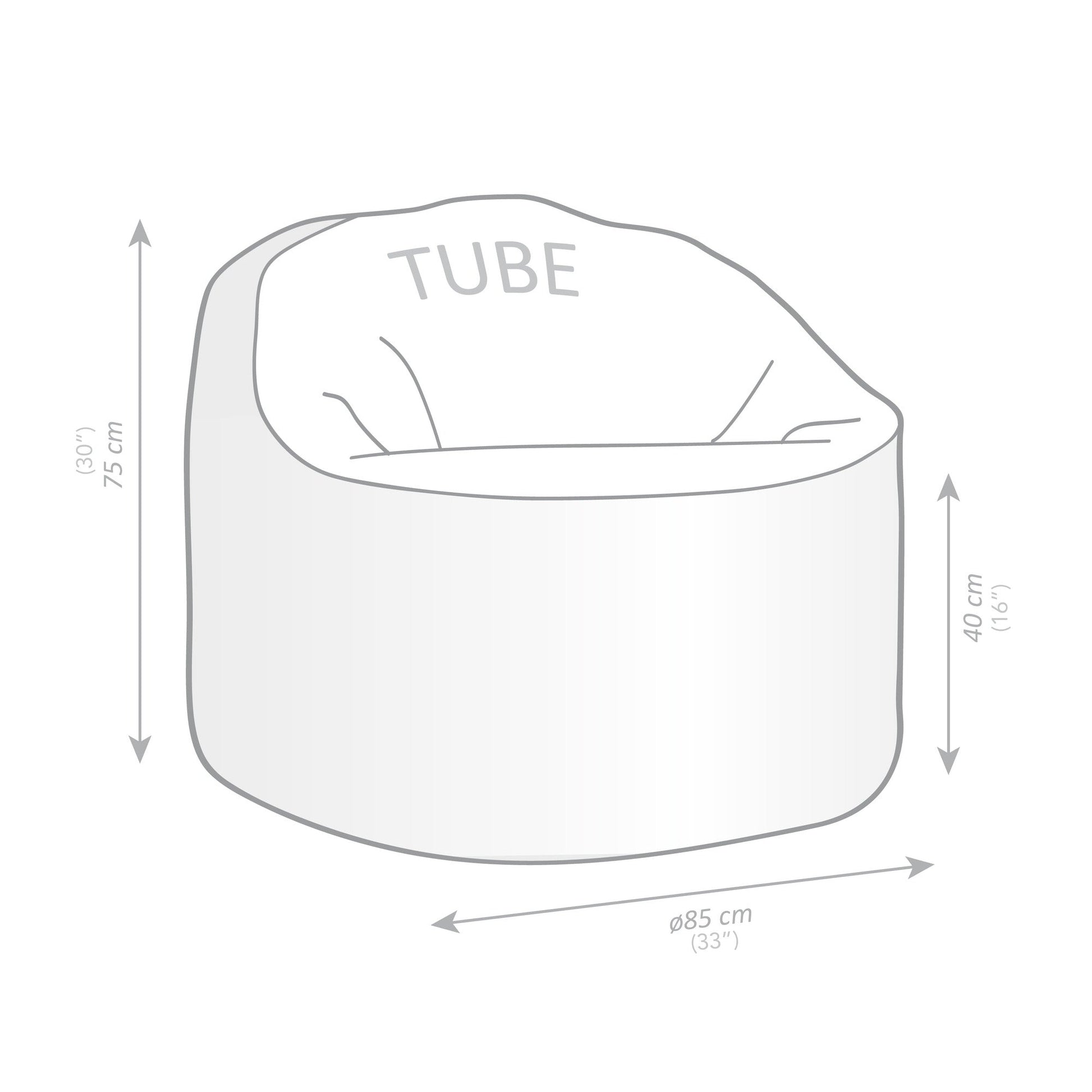 Diagram of a bean bag chair labeled 'Tube' with dimensions on a white background
