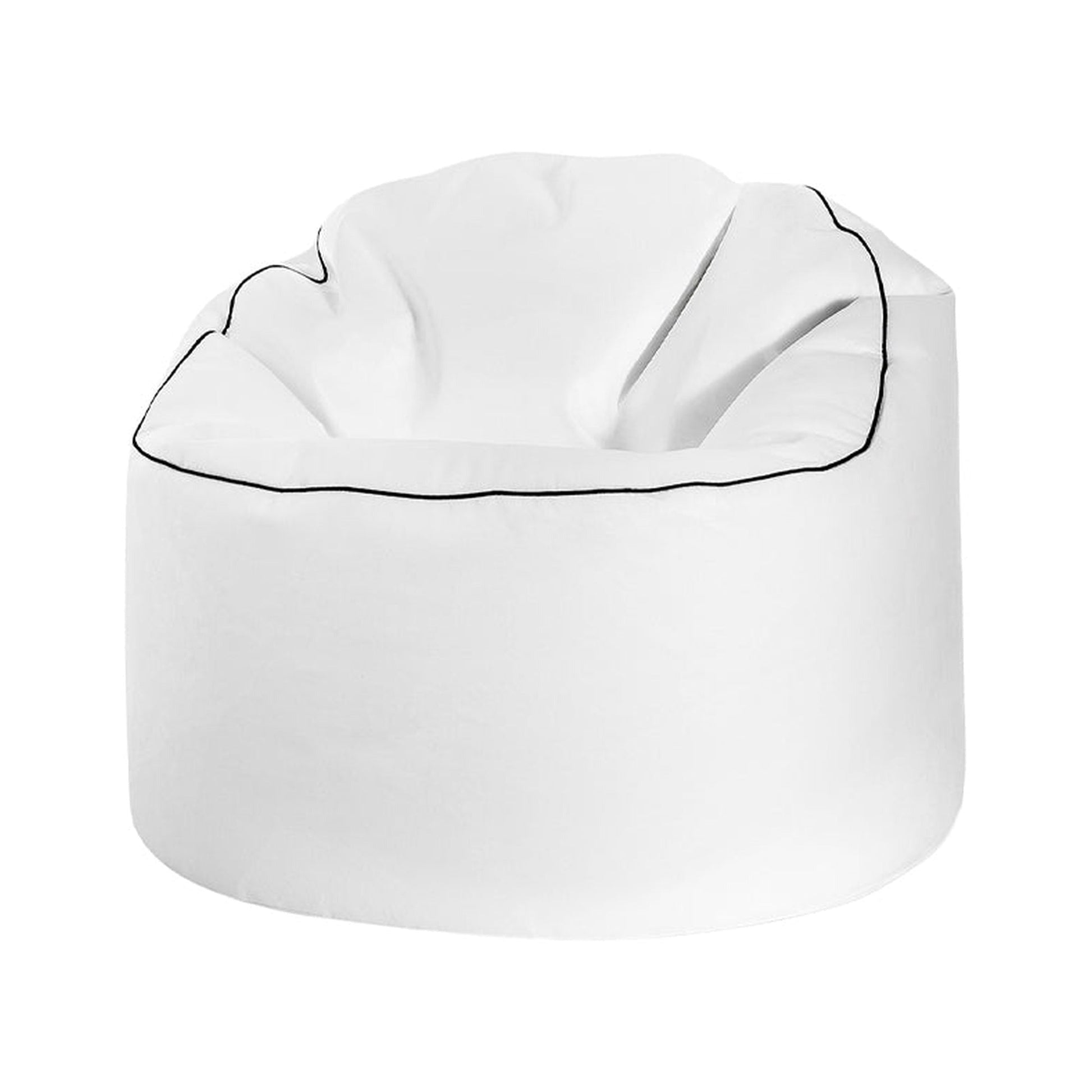 White bean bag chair with black piping on a white background