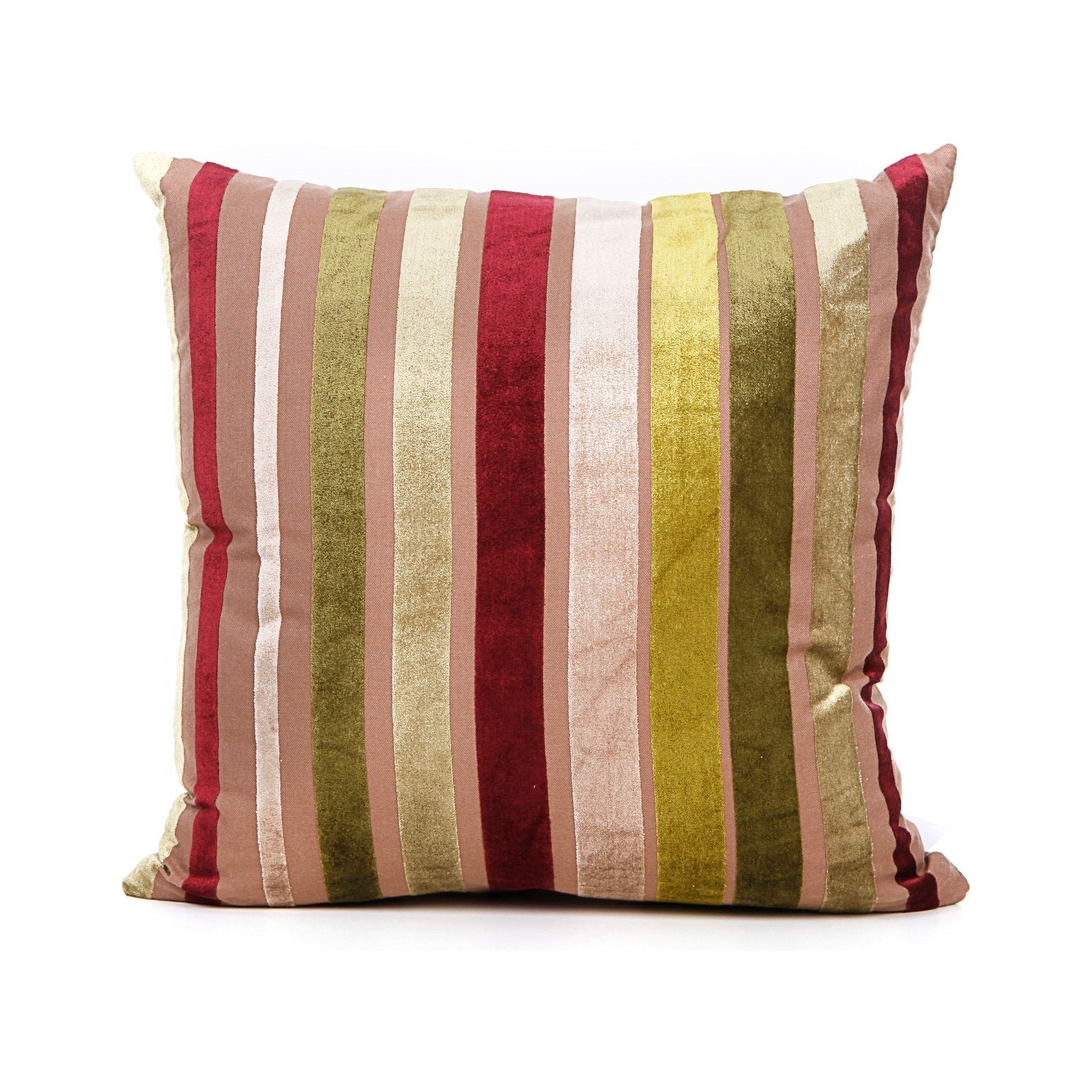 Striped pillow with red, green, and beige colors on a white background