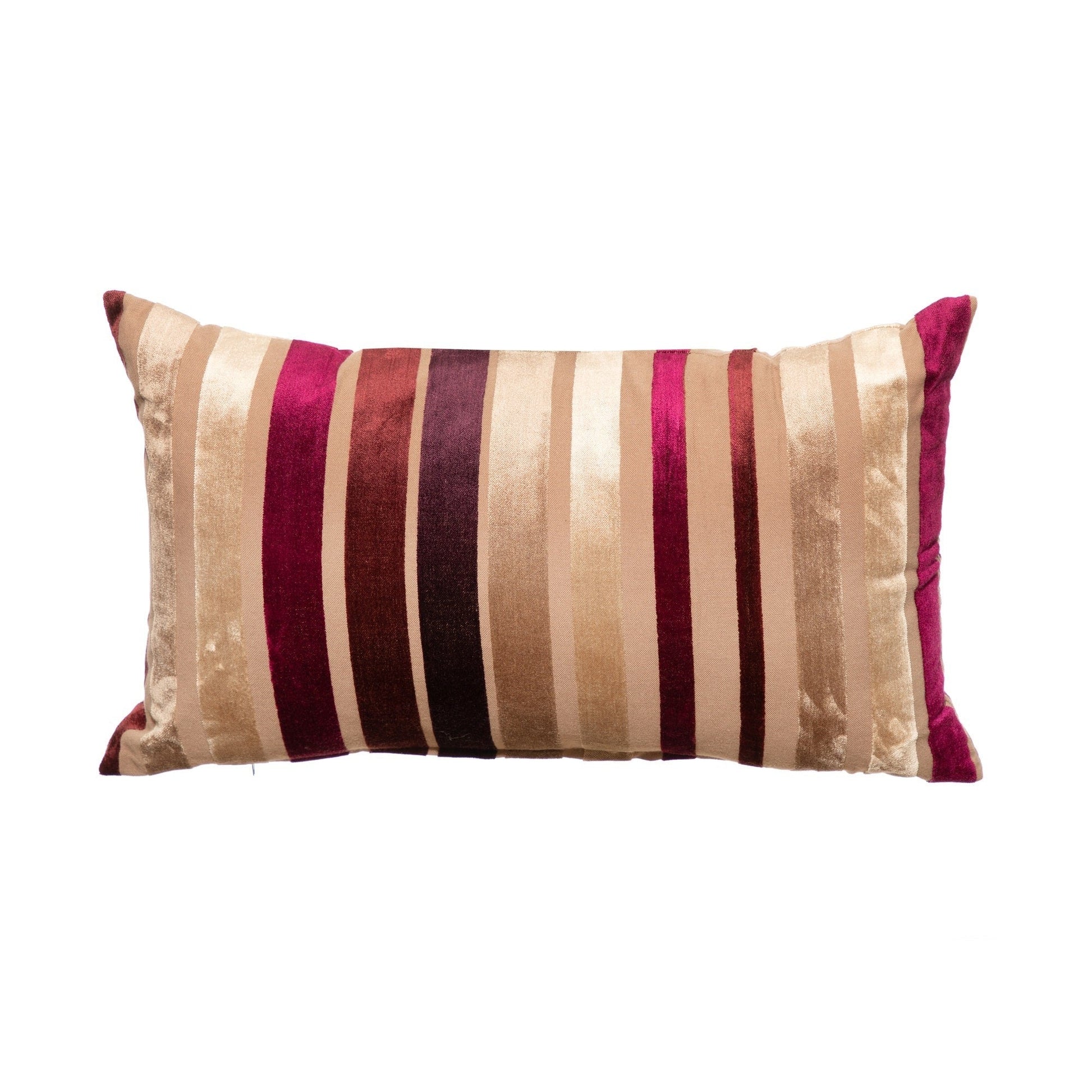 Striped pillow with brown, purple, and beige colors on a white background