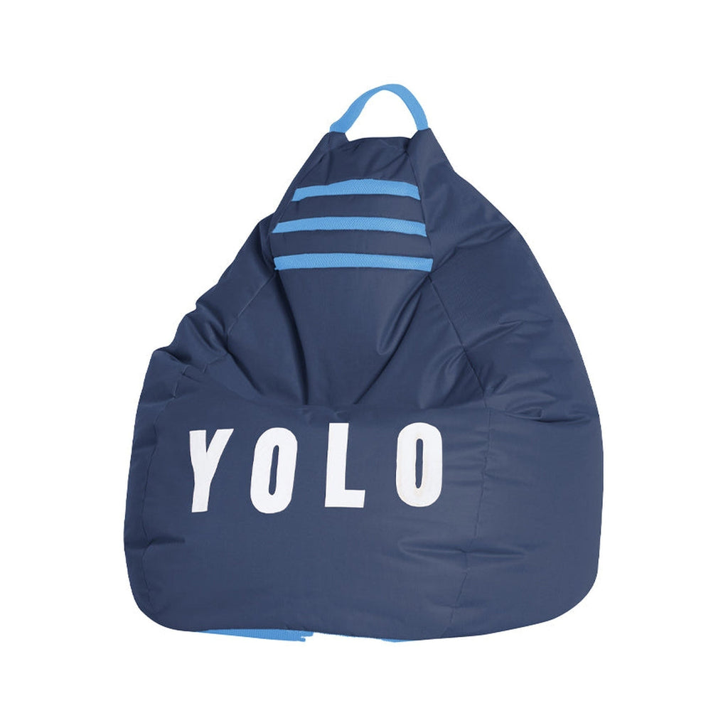 Blue bean bag chair with 'YOLO' text and blue stripes on a white background