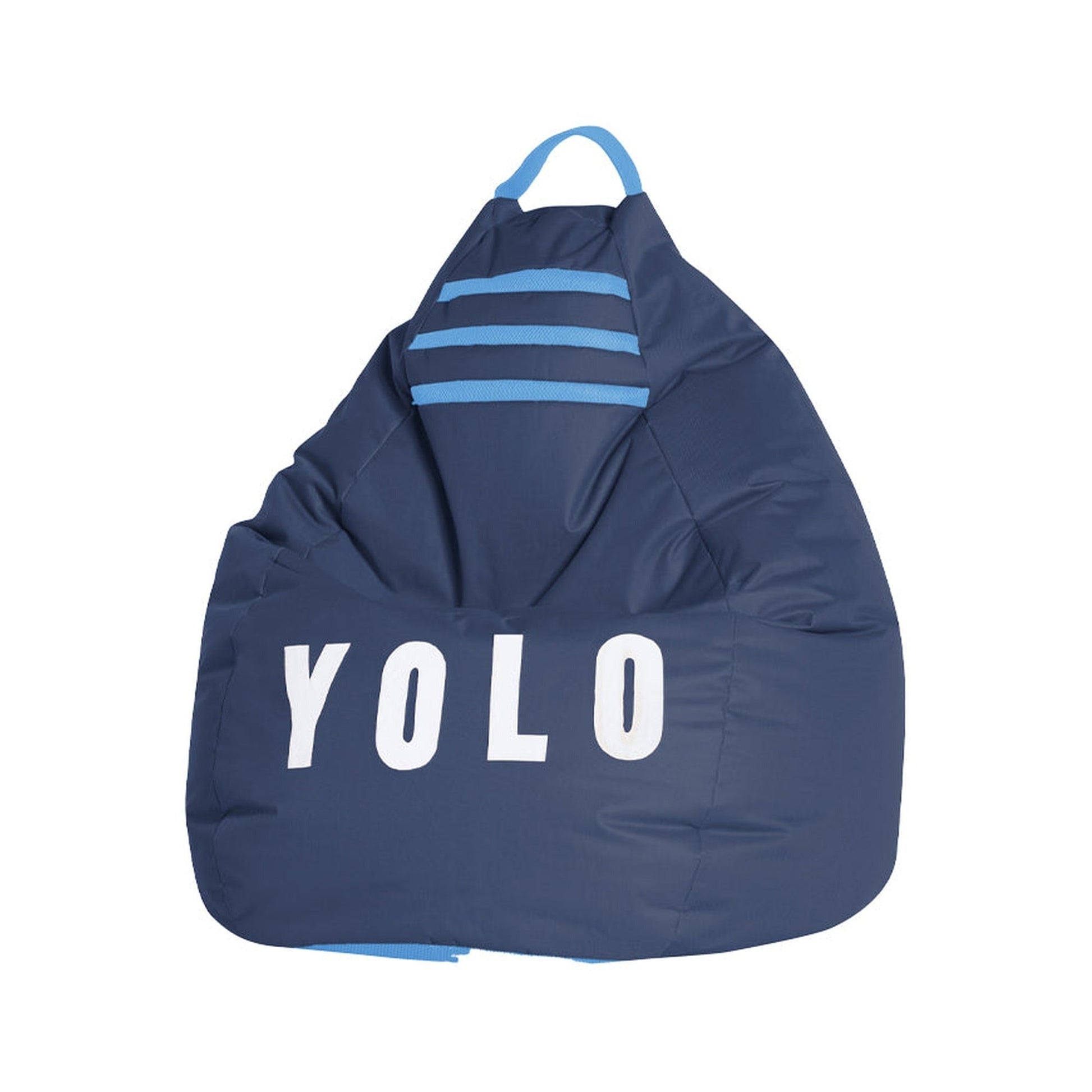 Blue bean bag chair with 'YOLO' text and blue stripes on a white background