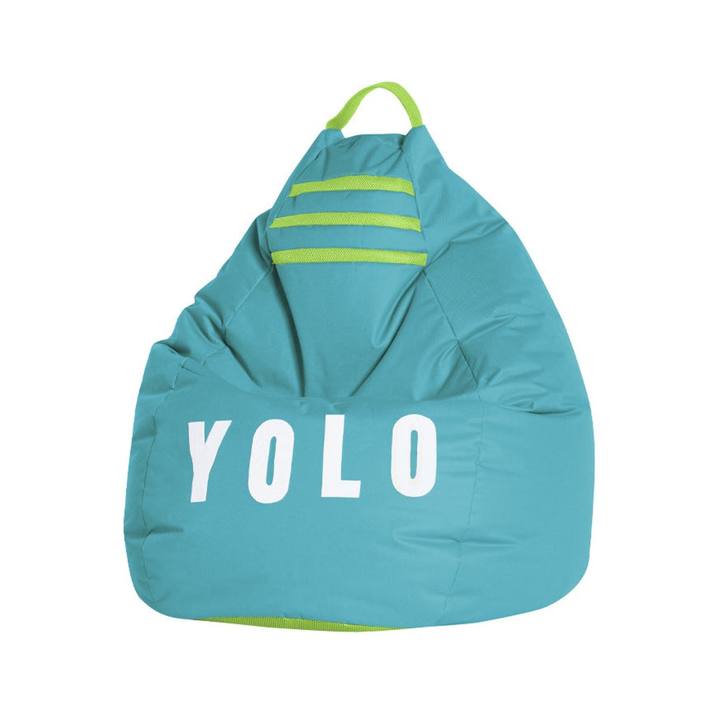 Turquoise bean bag chair with 'YOLO' text and green accents on a white background
