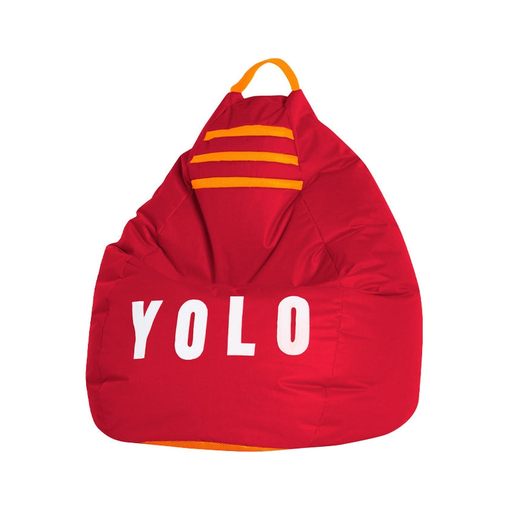 Red bean bag chair with 'YOLO' text and orange accents on a white background
